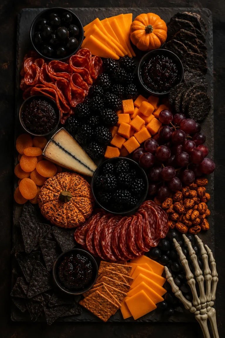 Overhead shot of a dark slate charcuterie board loaded with orange and black clustered food, a small skeleton hand pick resting on the edge, warm moody lighting