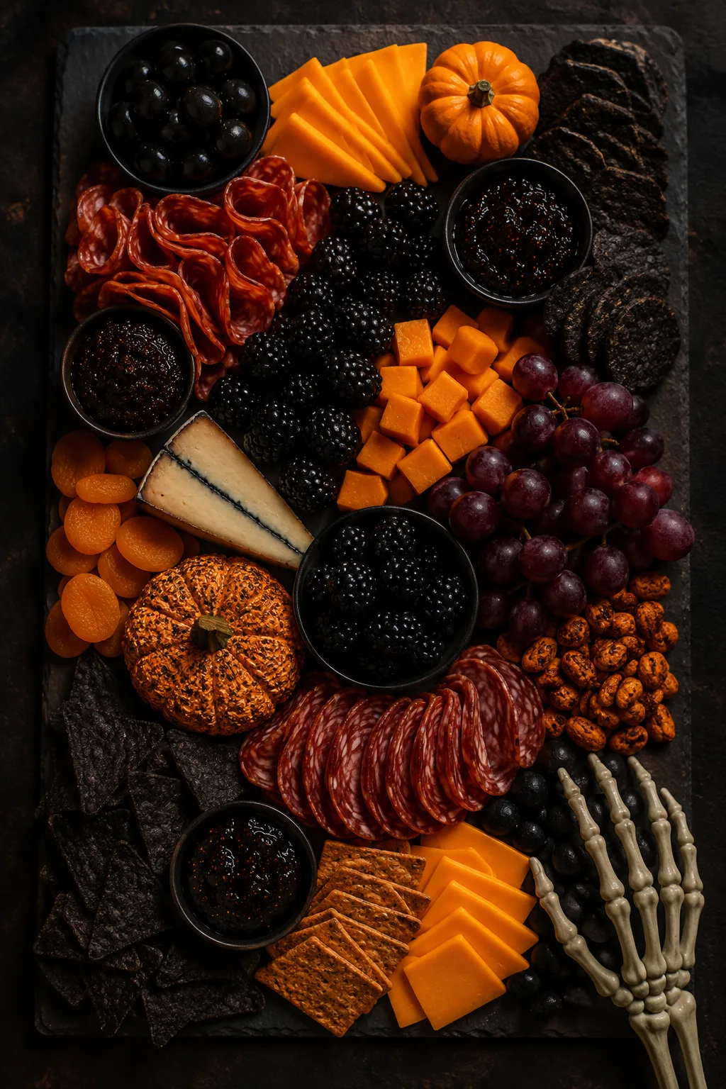 Overhead shot of a dark slate charcuterie board loaded with orange and black clustered food, a small skeleton hand pick resting on the edge, warm moody lighting