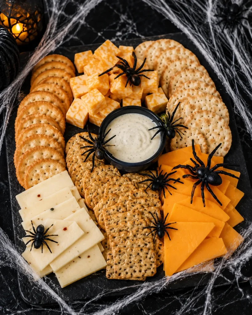 Simple cheese and cracker board styled with inexpensive plastic spiders and cobwebs