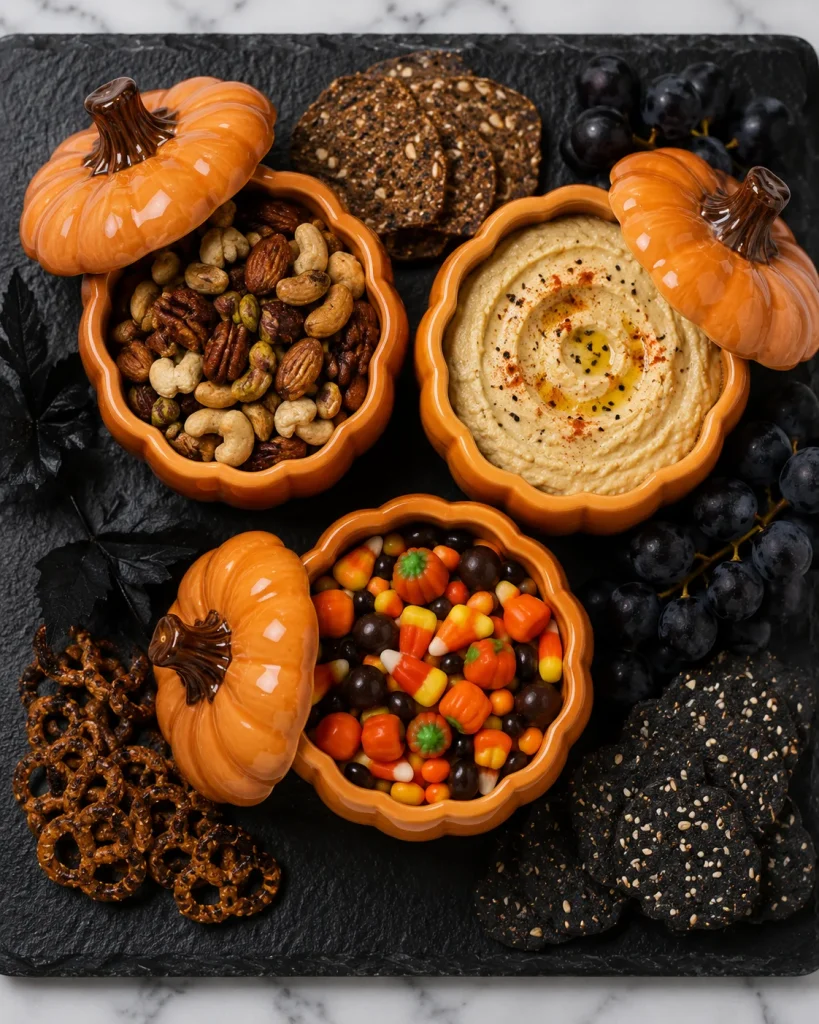 Three pumpkin-shaped ramekins filled with nuts, hummus, and candy