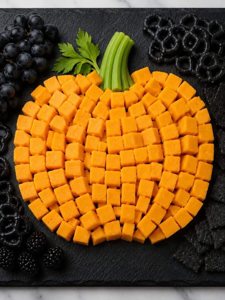 Cheddar cheese cubes arranged into a pumpkin shape with a celery stem