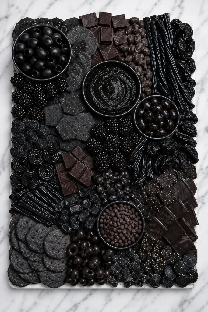 All-black Halloween charcuterie board with olives, dark chocolate, and charcoal crackers