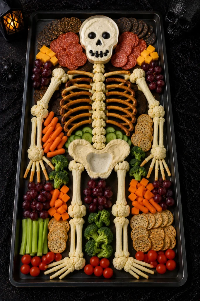 Food arranged in a skeleton outline with pretzel ribs and cauliflower joints
