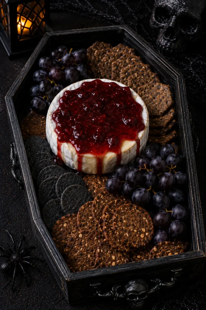 Coffin-shaped tray holding a brie wheel topped with red jam and dark grapes
