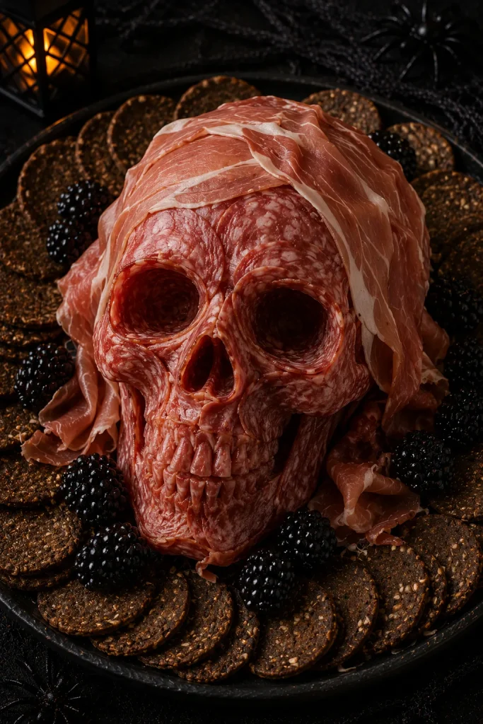 Skull-shaped mold draped in prosciutto and salami for a gory Halloween charcuterie board