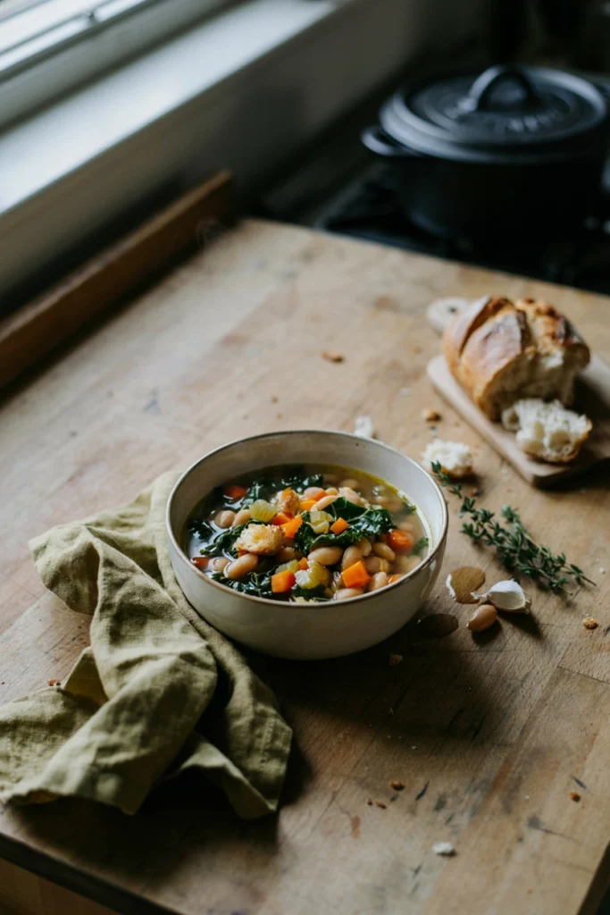 Hearty White Bean and Kale Soup, a freezer meal to prep before baby arrives
