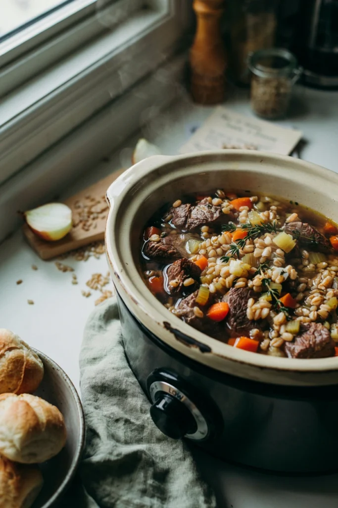 Slow Cooker Beef and Barley Stew, a freezer meal to prep before baby arrives