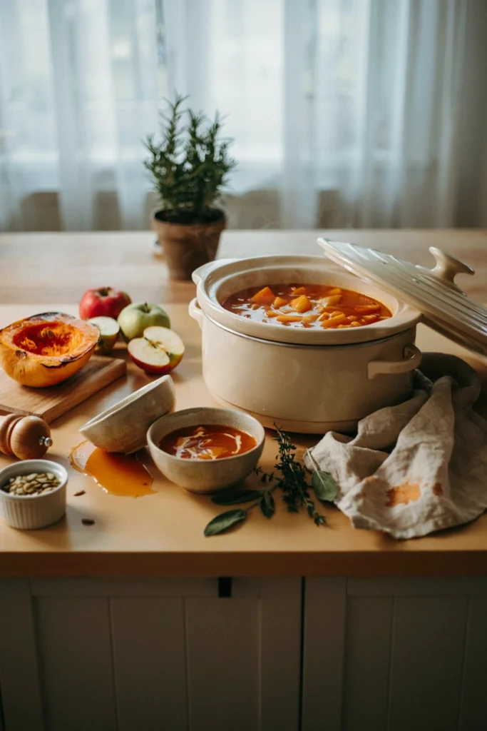 Slow Cooker Butternut Squash and Apple Soup, a freezer meal to prep before baby arrives