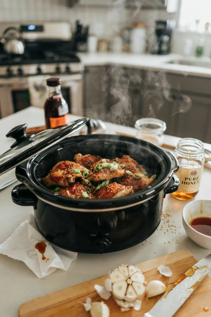 Slow Cooker Honey Garlic Chicken Thighs, a freezer meal to prep before baby arrives