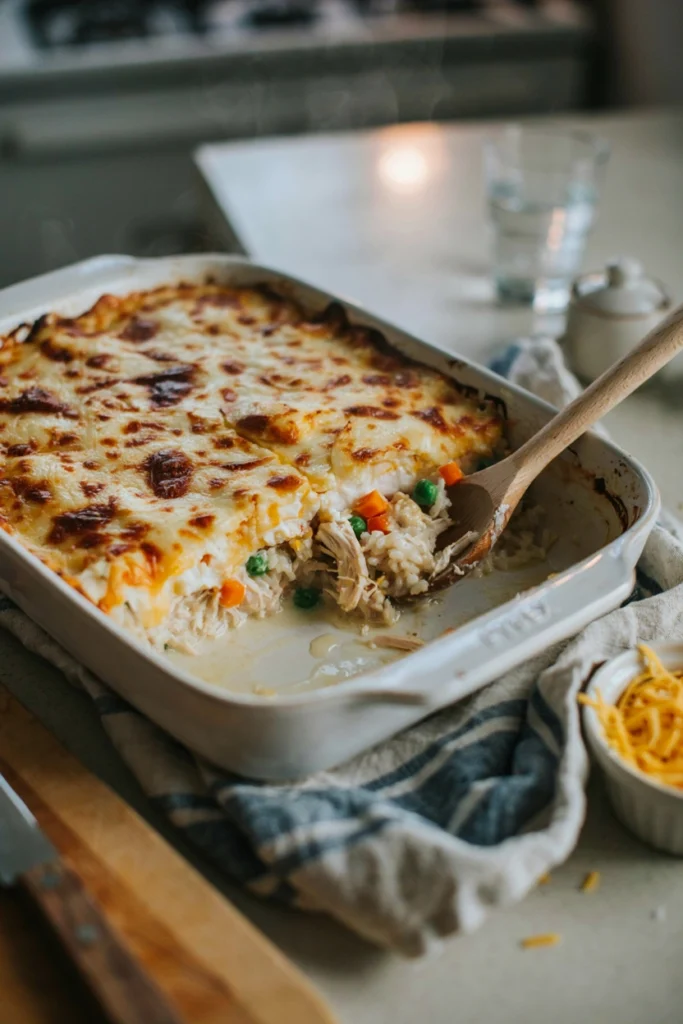 Cheesy Chicken and Rice Casserole, a freezer meal to prep before baby arrives