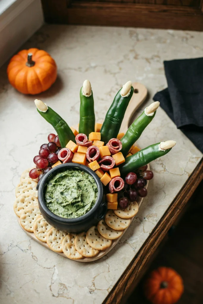 Halloween witch hand snack board with carrot stick fingers and almond fingernails around a bowl of green dip, surrounded by cheese, salami and crackers