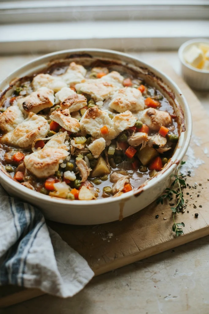 Chicken Pot Pie Filling with Biscuit Topping, a freezer meal to prep before baby arrives