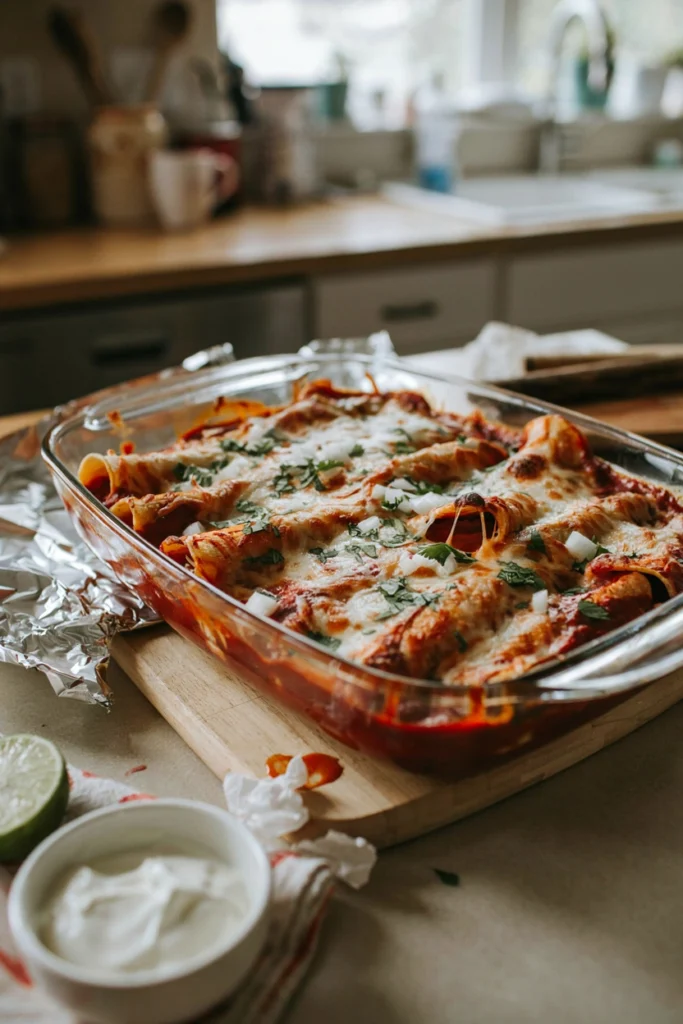 Slow-Braised Chicken Enchilada Casserole, a freezer meal to prep before baby arrives