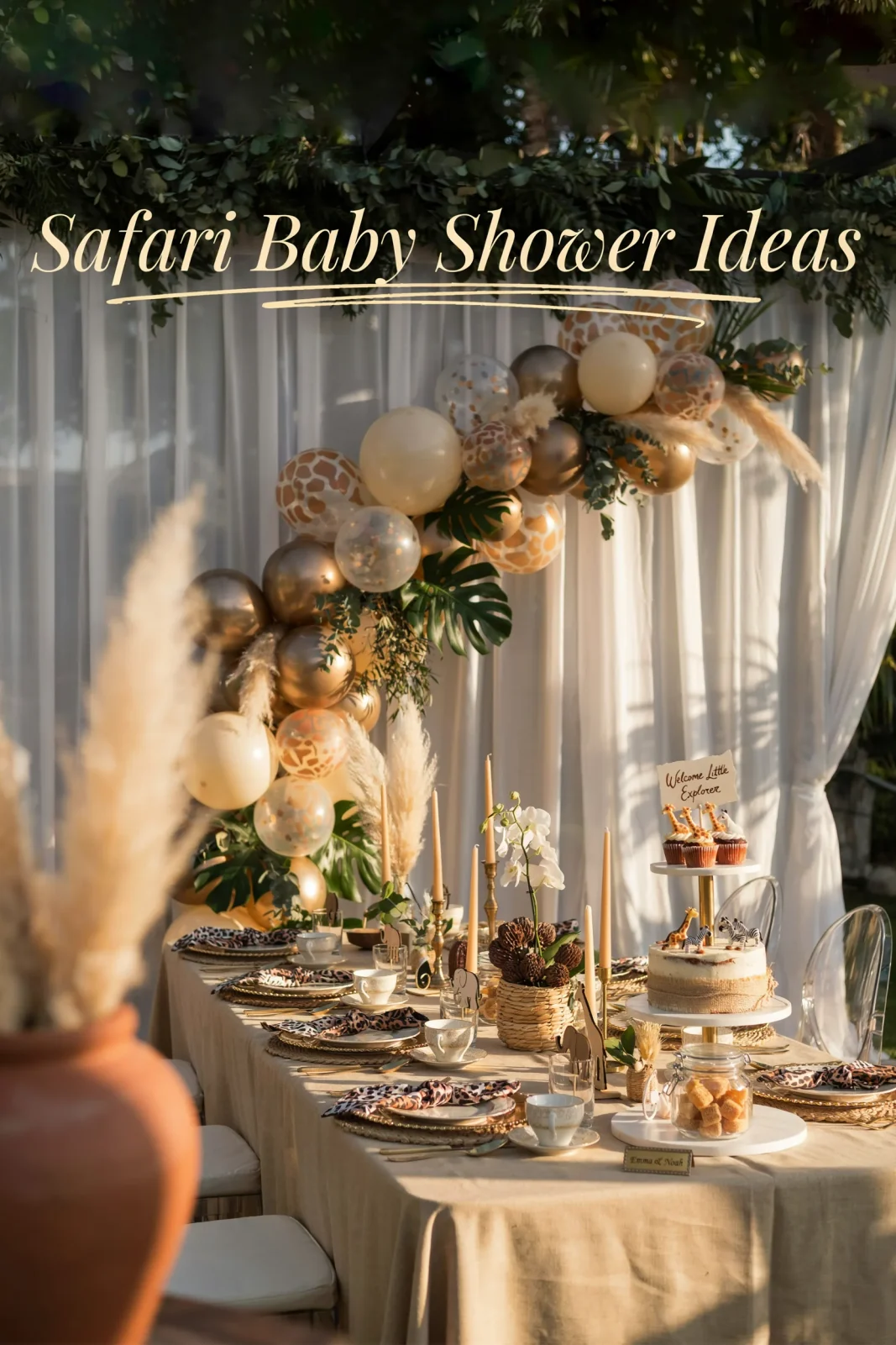 A beautifully styled safari baby shower featuring a khaki and gold color palette with a giraffe-print balloon garland, lush faux greenery, and animal print place settings. Golden warm lighting, outdoor or semi-outdoor setting. Text overlay: "Safari Baby Shower Ideas"