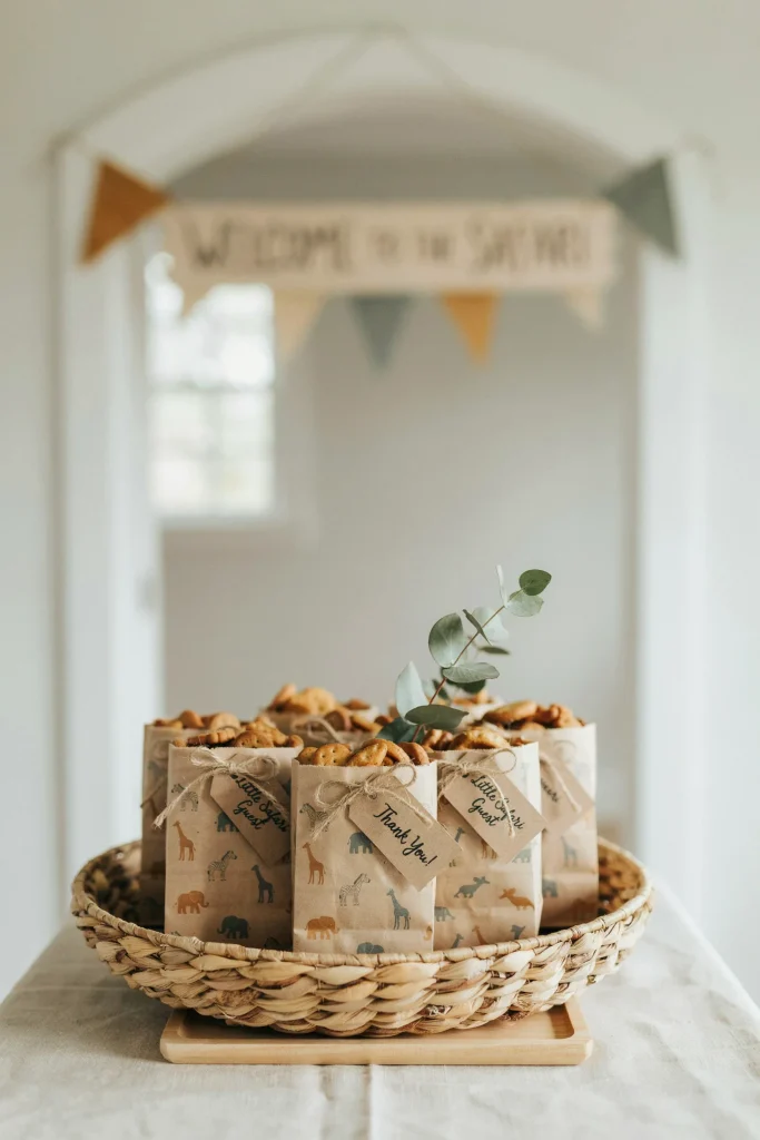 Small kraft or safari-print paper bags filled with animal crackers, tied with twine and a small animal tag, arranged in a basket at the shower exit.