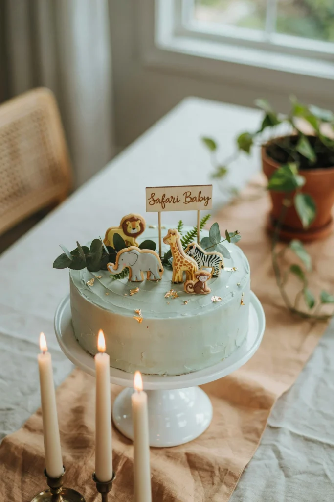 A simple sheet cake or layer cake with green frosting, decorated with edible animal crackers, gold leaf, and fresh greenery on top. Warm candlelight around the base. A small topper with the baby's name or "Safari Baby.