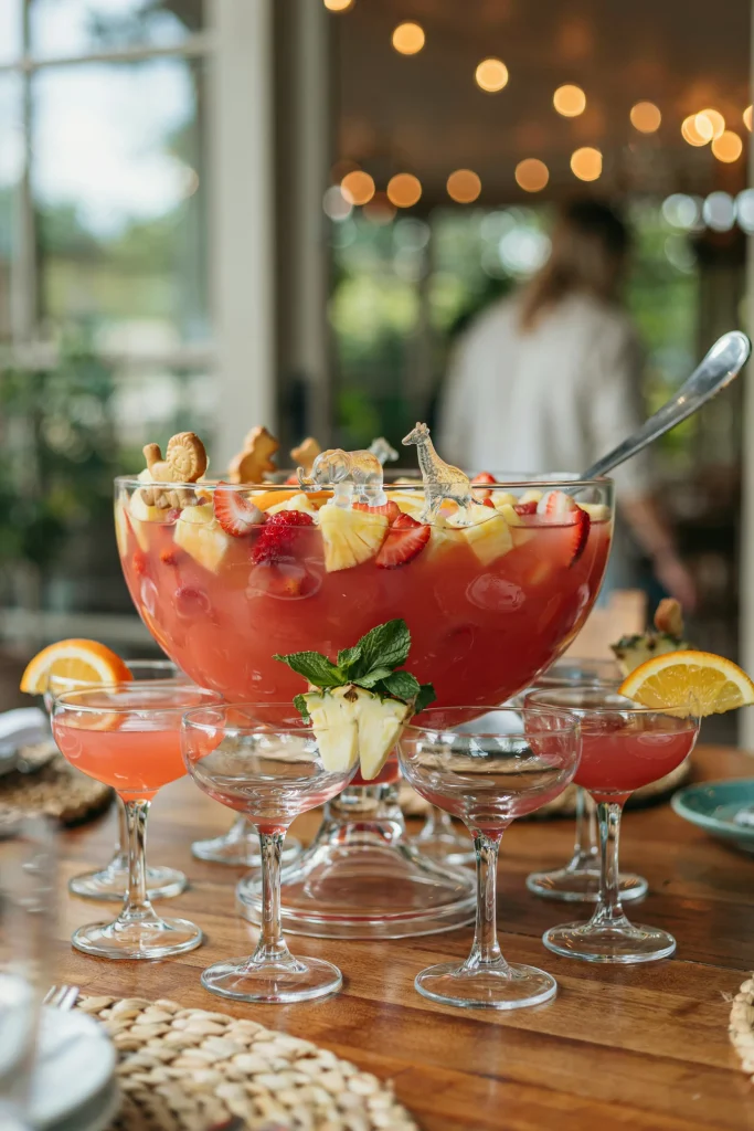 A large punch bowl with tropical fruit punch, fresh fruit (pineapple, orange slices), and floating animal-shaped ice cubes or small animal crackers on top. Elegant glassware, warm lighting.