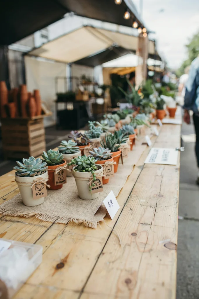 Rows of small potted succulents with hand-painted or printed animal tags tied around the pot with twine. Grouped at intervals down a long table.