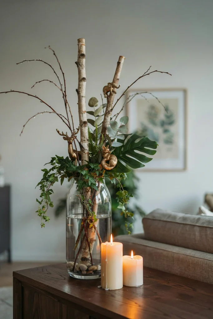 Tall glass vase with dried branches, lush faux greenery, and small gold or brass animal figurines woven throughout. Warm candlelight at base.
