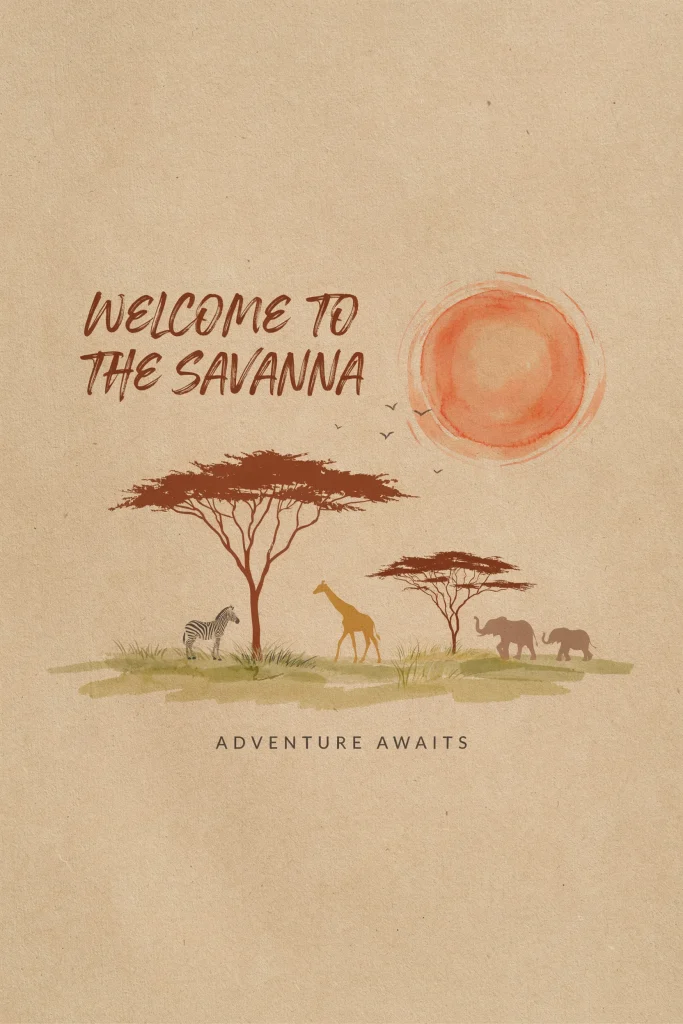Simple kraft paper backdrop with hand-painted or watercolor safari landscape (sun, acacia tree silhouettes, distant animals). DIY but polished.