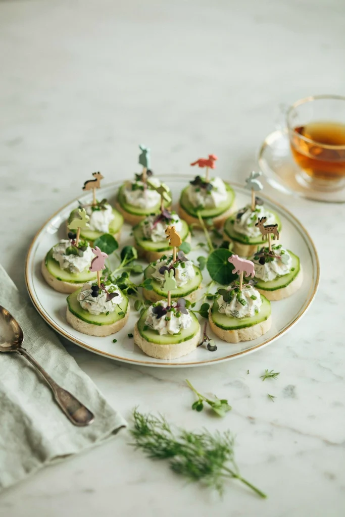 Elegant platter of small open-faced sandwiches or cucumber rounds topped with cream cheese, herbs, and a small animal pick or topper. Arranged with microgreens.