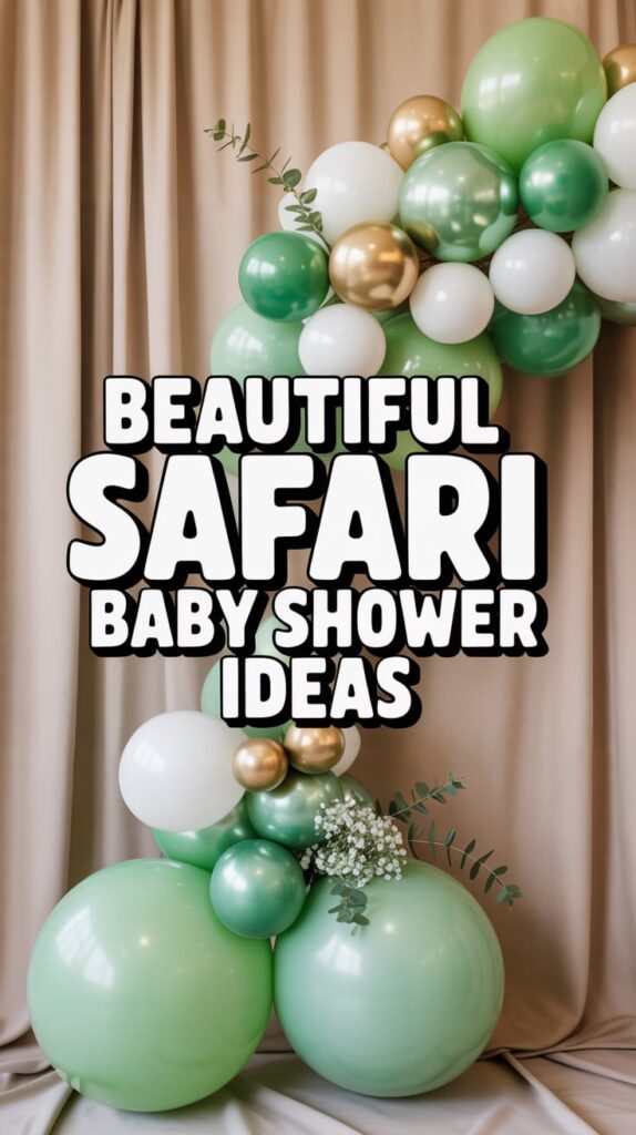 Pinterest graphic featuring a safari baby shower balloon arch in green, white, and gold tones with text overlay reading “Beautiful Safari Baby Shower Ideas,” styled against a beige curtain backdrop with eucalyptus accents.