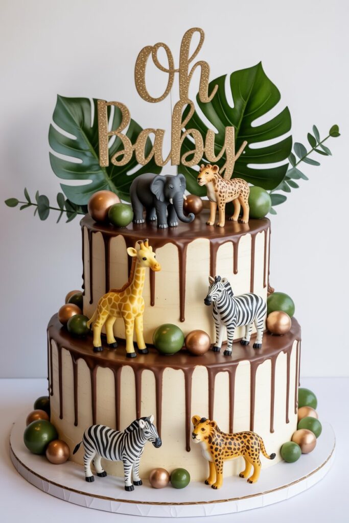 Two-tier safari baby shower cake with chocolate drip icing, topped with fondant jungle leaves, gold “Oh Baby” topper, and toy safari animals including a lion, zebra, giraffe, elephant, and leopard.