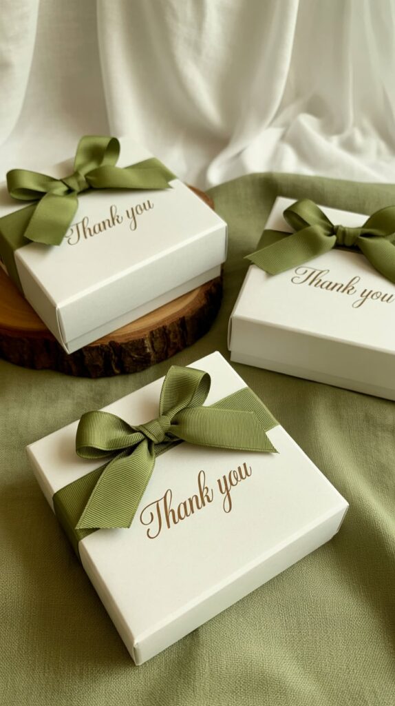 Elegant safari baby shower favor boxes with olive green ribbons and gold “Thank You” lettering, styled on a soft green fabric backdrop with wooden accents for a refined, nature-inspired look.