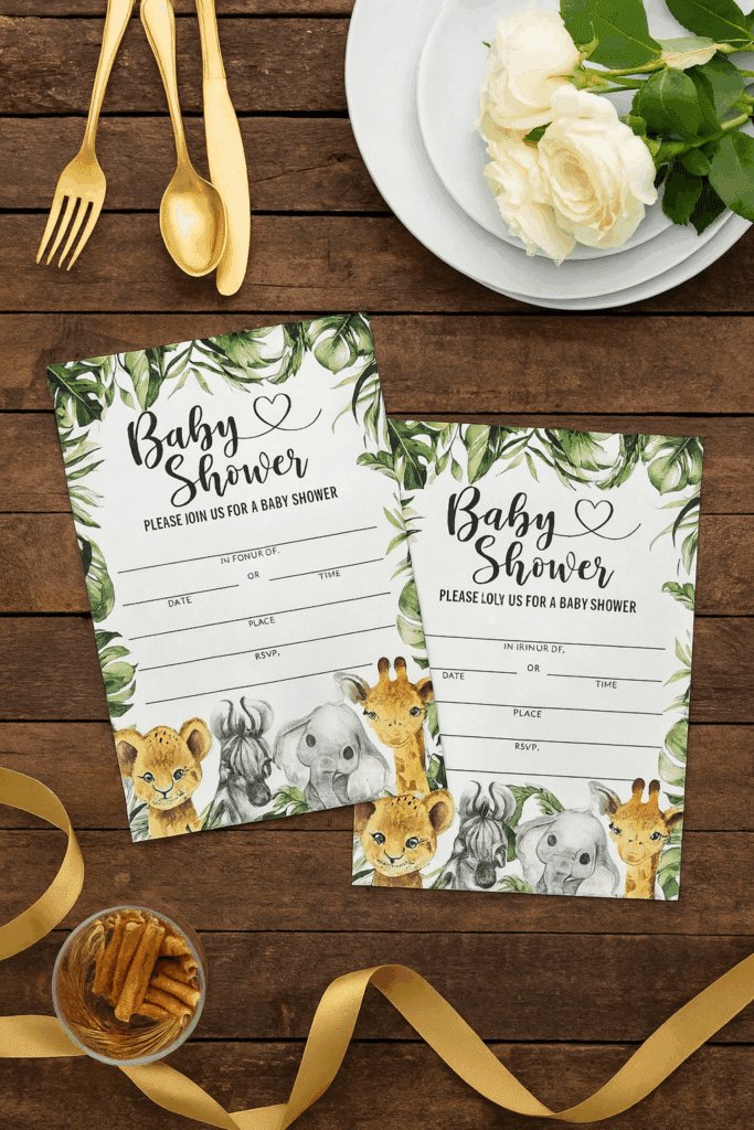 Safari-themed baby shower invitations with watercolor jungle leaves and adorable baby animals including a lion, elephant, zebra, and giraffe, styled on a wooden table with gold cutlery, white roses, and ribbon accents.