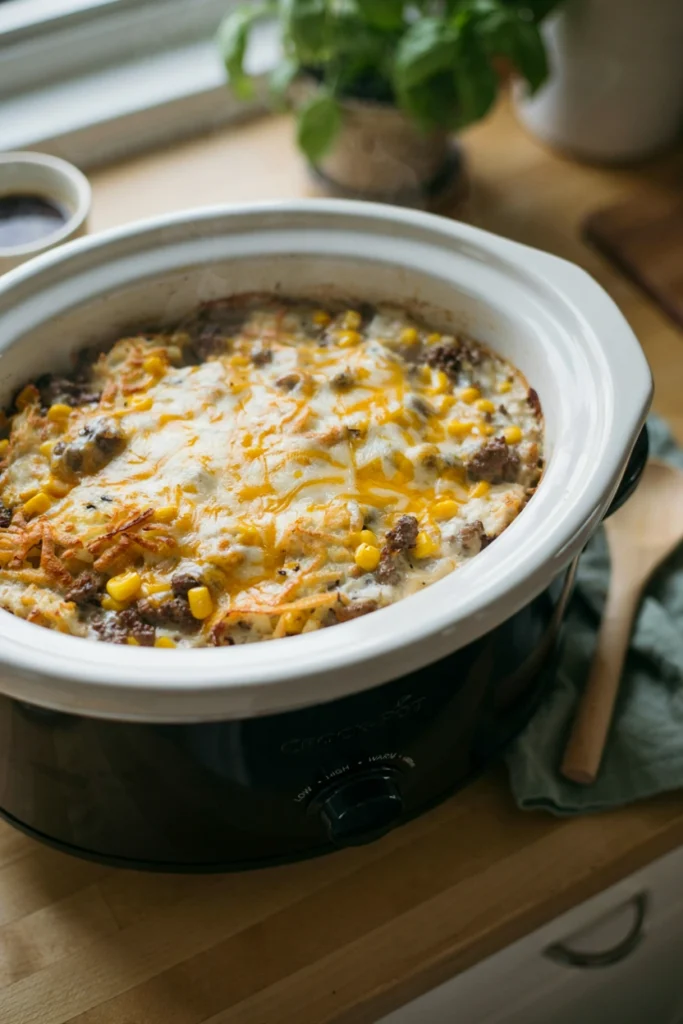 Creamy hash brown and ground beef cowboy casserole with melted cheese