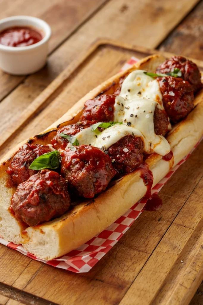 Saucy meatball sub with melted mozzarella cheese