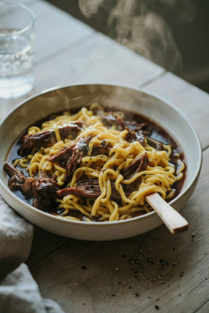 Shredded beef and egg noodles in rich brown gravy
