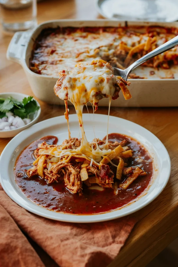 Layered chicken enchilada casserole with melted cheese and corn tortilla strips