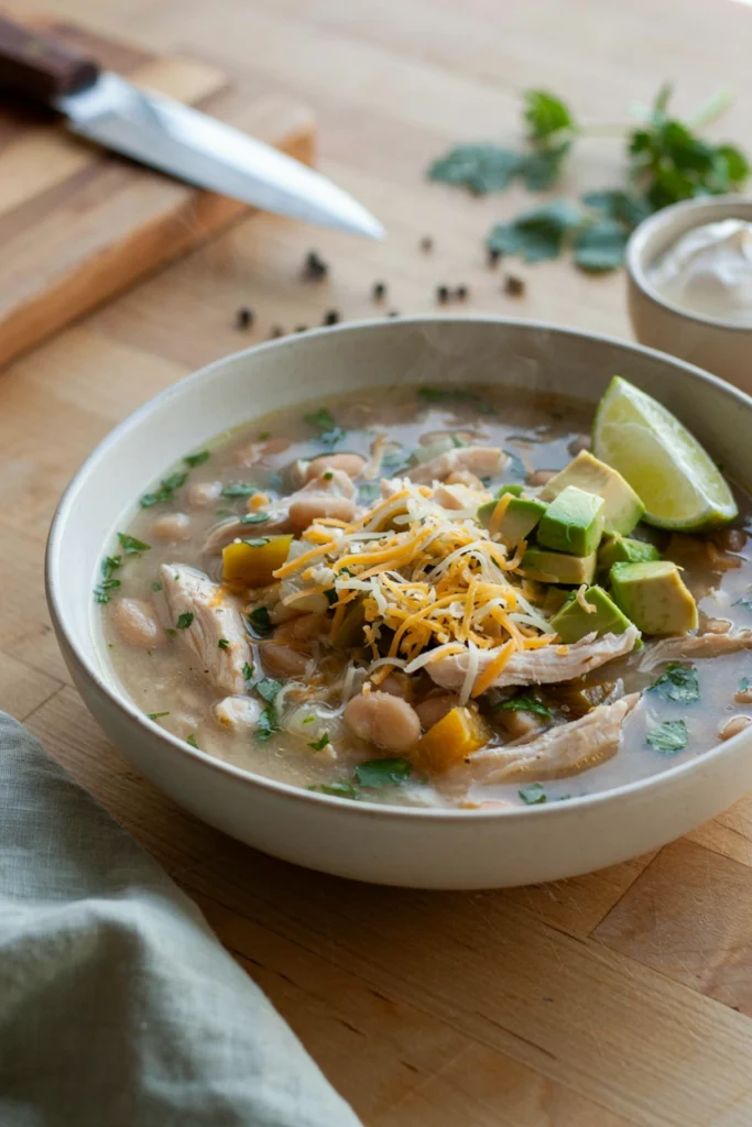Creamy white chicken chili topped with cheese and avocado