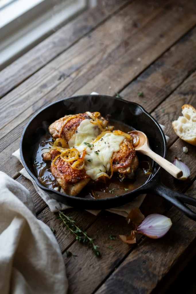 Chicken thighs topped with caramelized onions and melted Swiss cheese