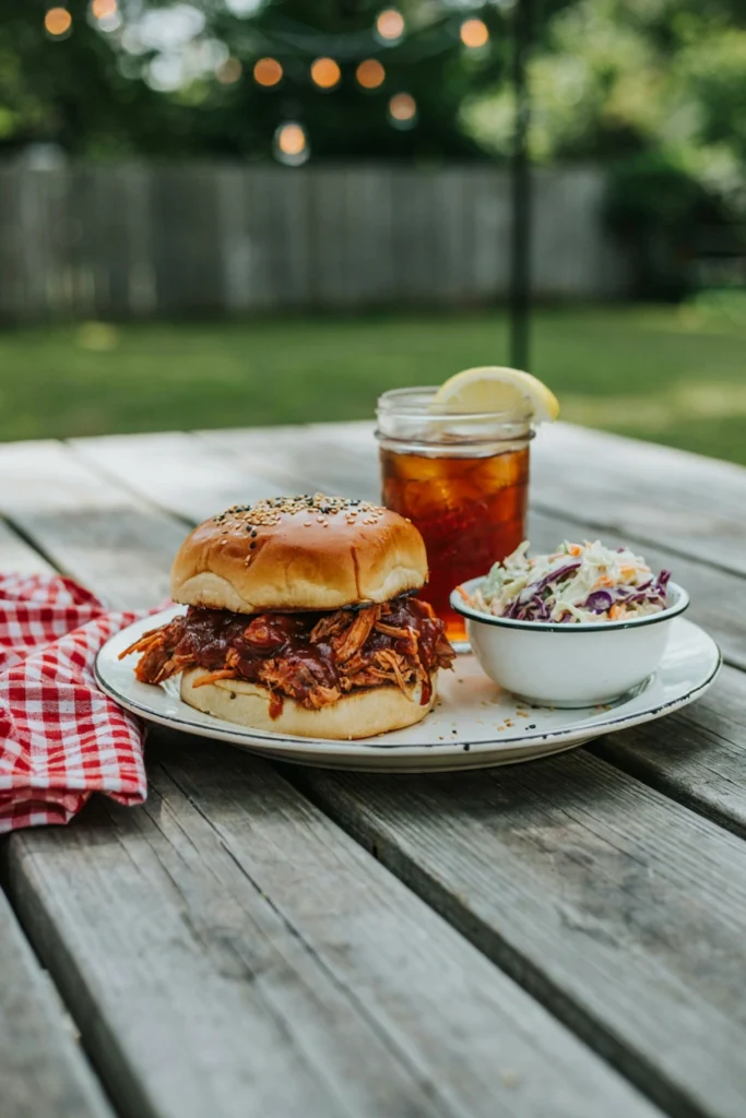 Saucy pulled BBQ chicken piled on a bun with coleslaw