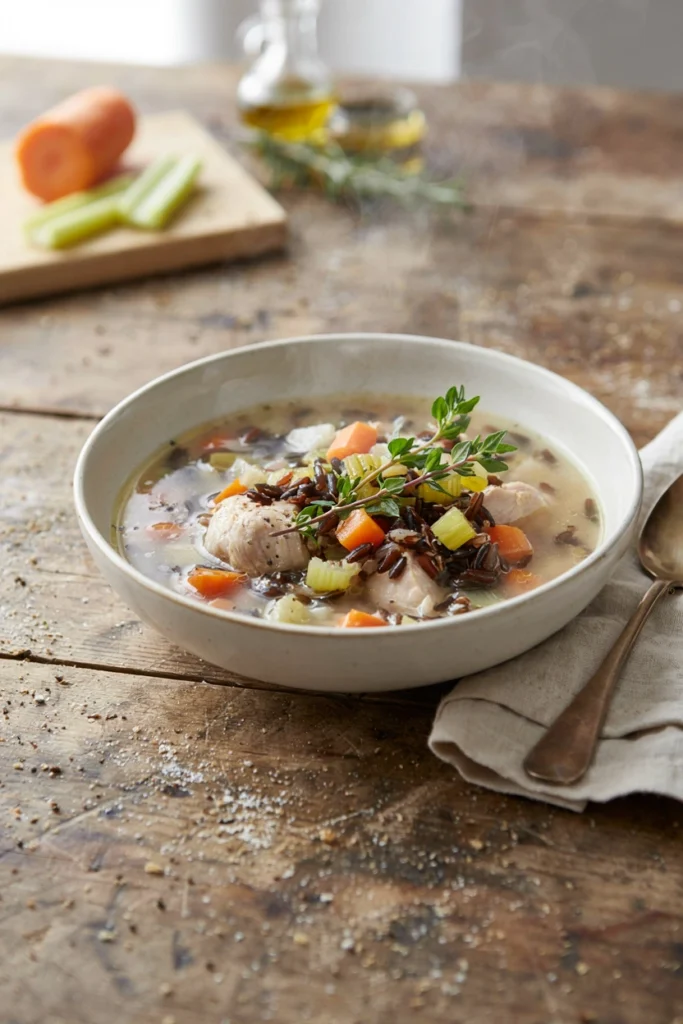 Creamy chicken and wild rice soup with carrots and celery
