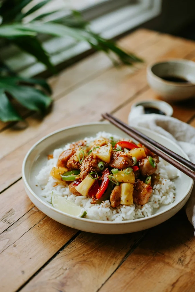 Chicken glazed in pineapple sauce over rice with bell pepper