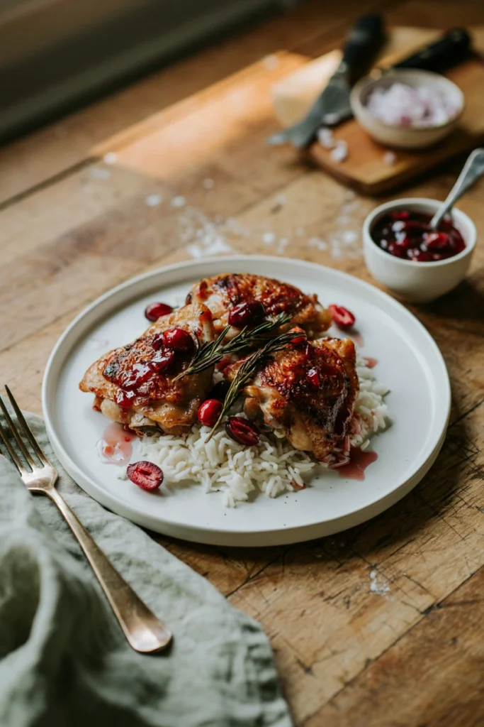 Chicken thighs coated in glossy cranberry sauce over rice