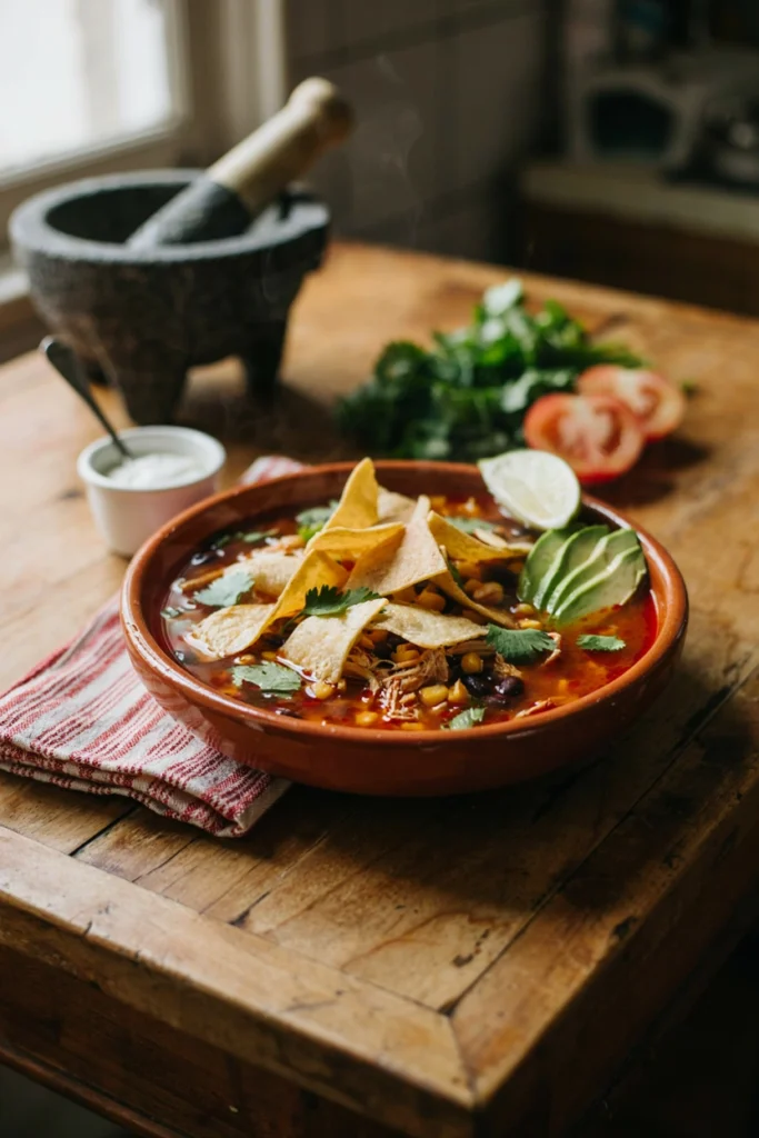 Chicken tortilla soup topped with crispy strips and avocado