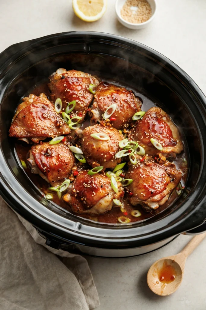 Glossy honey garlic chicken thighs topped with sesame seeds