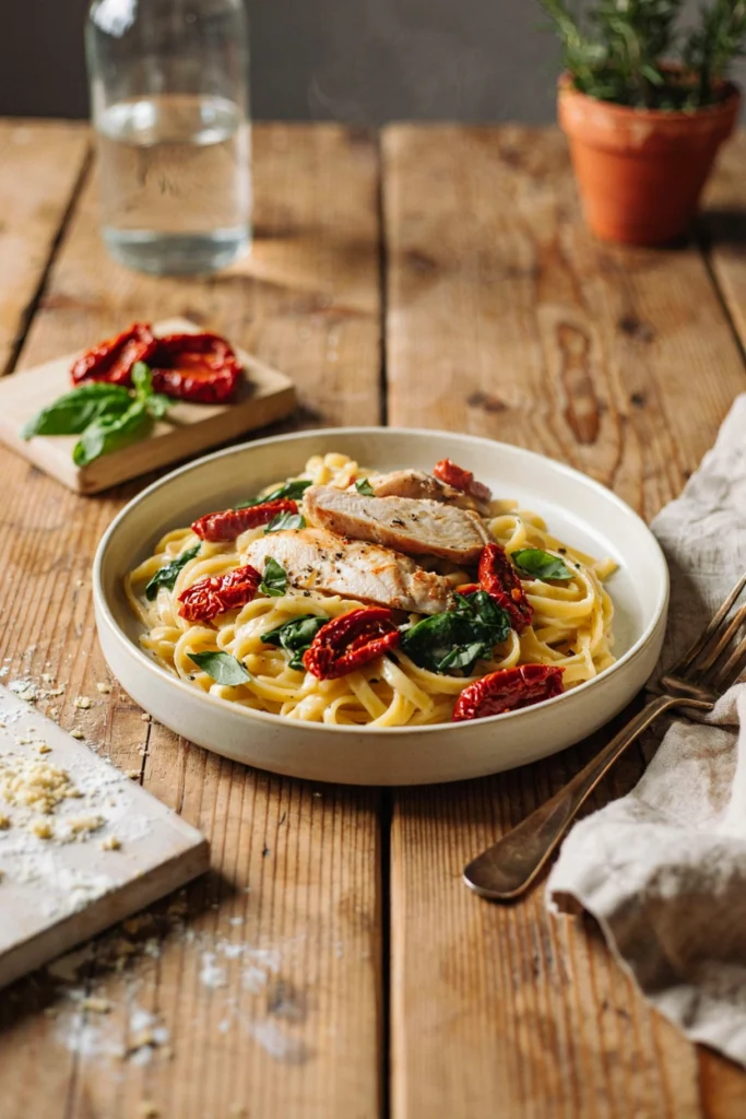 Chicken breasts in creamy sauce with sun-dried tomatoes and spinach