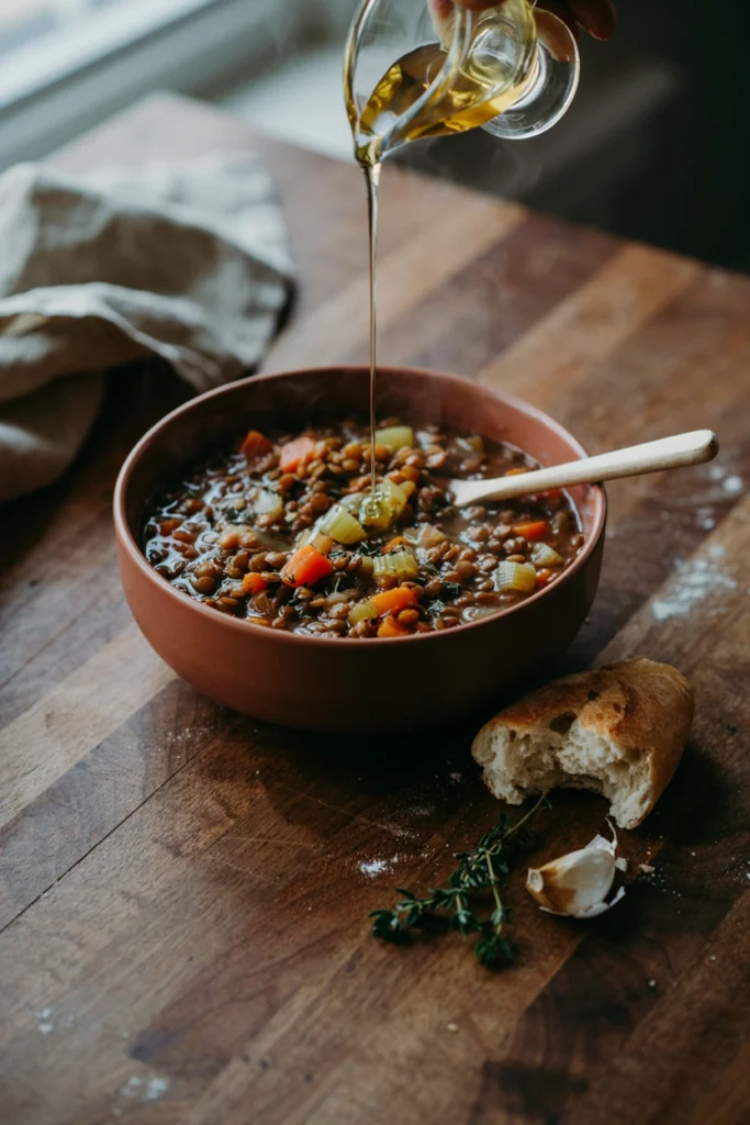 Thick hearty lentil stew with carrots and celery