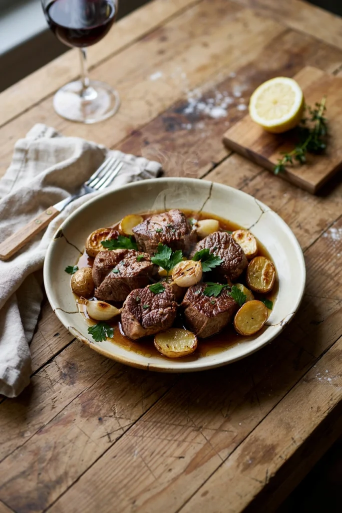 Golden-brown beef chunks and baby potatoes in garlic butter sauce