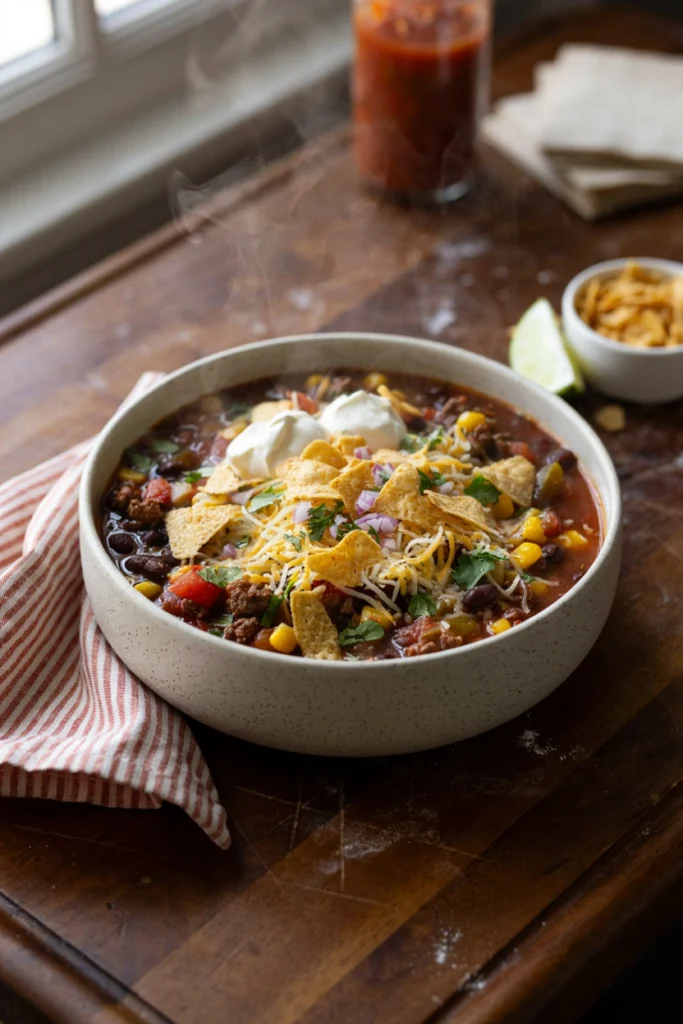 Hearty taco soup topped with cheese, sour cream, and tortilla chips