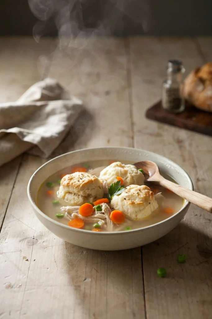Chicken and dumplings with fluffy biscuit dumplings in broth