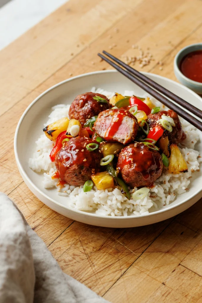 Meatballs glazed in sweet and sour sauce with pineapple and bell pepper