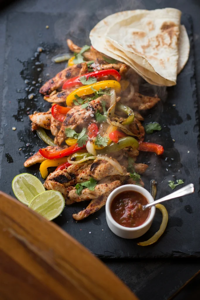 Sliced chicken fajita strips with bell peppers and warm tortillas