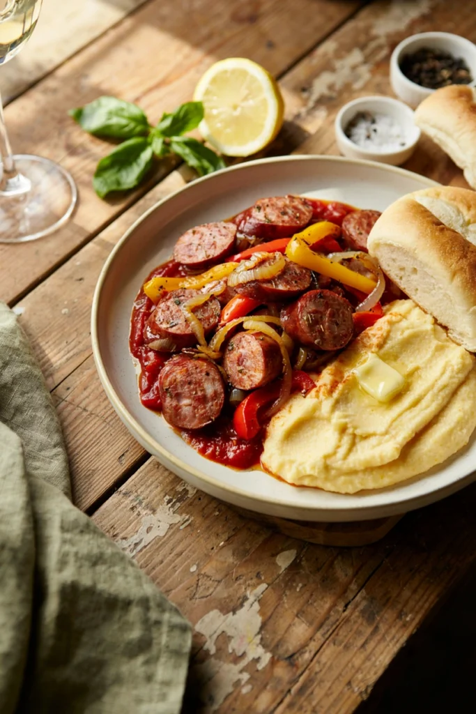 Sliced Italian sausage with bell peppers and onions