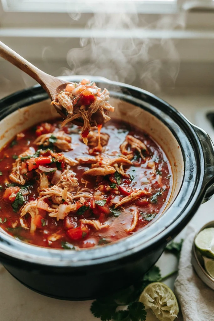 Shredded salsa chicken in a slow cooker with glossy red sauce